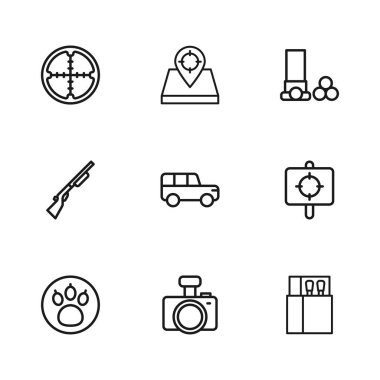 Kamera, hedef sporu, kibrit kutusu ve kibrit kutusu, Safari arabası, fişekler, keskin nişancı optik görüşü, av yeri ve av silahı ikonu. Vektör