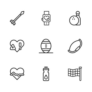 Set hattı fitness sallayıcısı, ortaçağ yayı, Checkered bayrağı, Amerikan futbol topu, bovling broşu ve oklar, kalp ve kalp atış hızı ikonu olan akıllı saat. Vektör