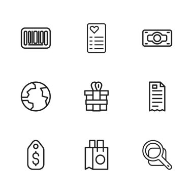 Alış veriş torbası, finans çeki, büyüteç, hediye kutusu, deste kağıt para, barkod, alışveriş listesi ve dünya çapında ikon. Vektör