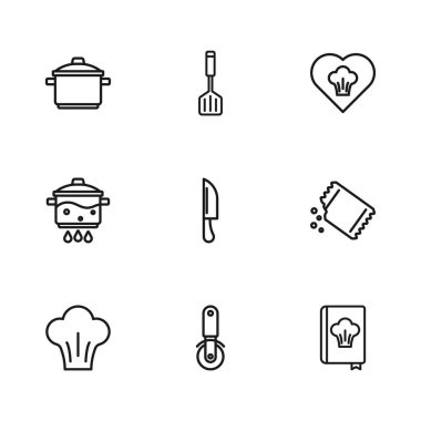 Pizza bıçağı, biber paketi, yemek kitabı, bıçak, şef şapkası, tencere, spatula ve ateş ikonu. Vektör