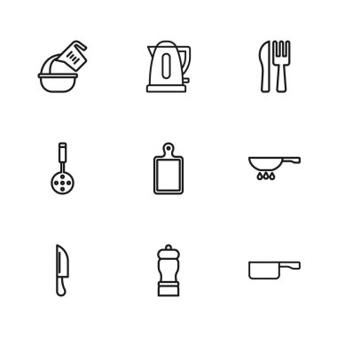 Biber, kızartma tavası, kesme tahtası, çapraz bıçak ve çatal, ölçü kabı, elektrikli su ısıtıcısı ve Spatula ikonu. Vektör