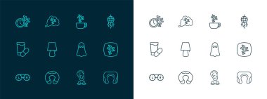 Tüylü Rüya Yakalayıcı, Seyahat boyun yastığı, Hayalet, Kulak tıkacı, Masa lambası, Papatya çayı, Alarm saati ve Uykucu ikonu. Vektör