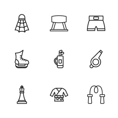 Çizgi Kimono, Whistle, atlama ipi, golf sopalı golf çantası kısa boks, Badminton servis aleti, Pommel atı ve buz pateni ikonu. Vektör