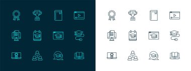 Online oyun videosu, sınıf, eğitim, mezuniyet konuşması balonu, diploma ve ödül kupasıyla birlikte Book 'u ayarla. Vektör