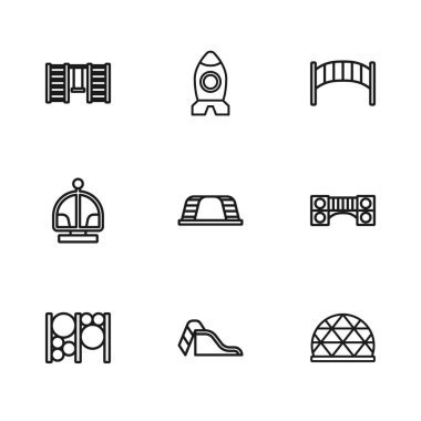 Oyun alanı, çocuk köprüsü, tırmanma ekipmanları, maymun barı, İsveç duvarı, roket gemisi oyuncağı ve atlıkarınca ikonu. Vektör