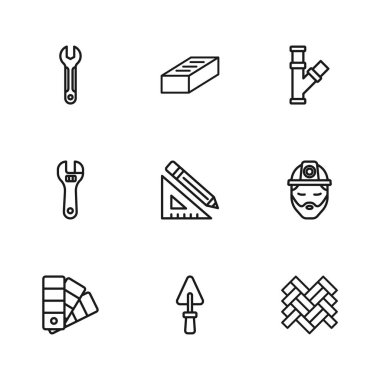 Hat Trowel, Builder, Parquet, üçgen cetvel ve kalem, endüstriyel metalik boru, İngiliz anahtarı, tuğla ve ayarlanabilir anahtar simgesi. Vektör