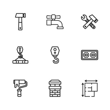 Baca hattı, elektrik prizi, ev planı, kanca, çekiç ve anahtar anahtarı, musluk ve ikon. Vektör