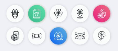 Yonca yaprağı, bir bardak bira, altın leprikon sikke, bayraklı karnaval çelengi, dört yonca ve papyon ikonu. Vektör