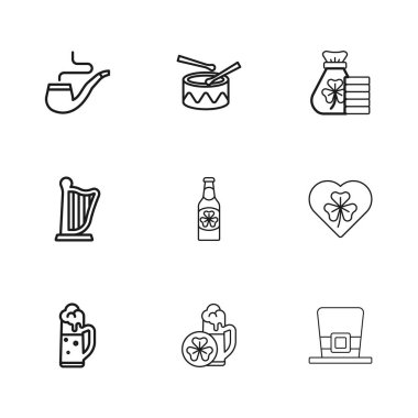 Bardak bira, yonca yapraklı kalp, leprikon şapka, bira şişesi, para torbası, tüttürme piposu, davul bageti ve harp ikonu. Vektör