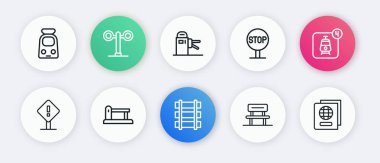 Demiryolu hattı, tren yolu, online bilet rezervasyonu, ünlem meydanı bekleme salonu, dur işareti, turnike, pasaport ve bariyer simgesi. Vektör