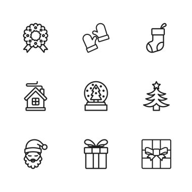 Hediye kutusu, Noel ağacı, kar küresi, çorap, çelenk, eldiven ve Merry House ikonu. Vektör