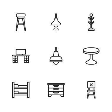 Çekmece sandığı, yuvarlak masa, sandalye, lamba asma, vestiyer ve ofis masa ikonu. Vektör
