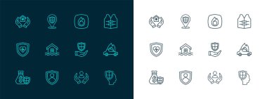 Hat can yeleği, kalkanlı sigorta, kalkanlı el, ev baskını, yangın alevi ve konum ikonu. Vektör