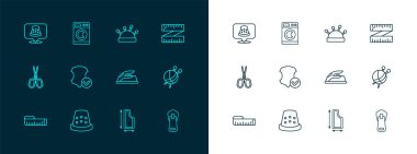 Şerit mezura, dikiş için yüksük, elektrikli ütü, dikiş deseni, deri, iğne, iğne ve çamaşır makinesi ikonu. Vektör