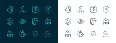 Batı, Ay ve yıldızlar, Termometre, Gündüz Döngüsü, Güneş tutulması, Fahrenheit, Hava Durumu Uygulaması ve Gece Dumanı ikonu. Vektör