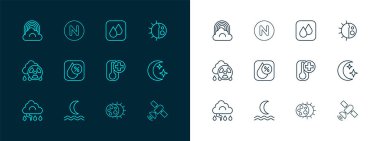 Çizgi çizgisi Gece Döngüsü, Gece Sisi veya Duman, Termometre, Güneş tutulması, Su damlası yüzdesi, Gökkuşağı Bulut ve Pusula kuzey ikonu. Vektör