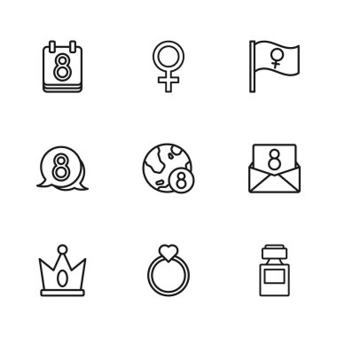 Elmas nişan yüzüğü, Zarfta 8 Mart, Parfüm, Uluslararası Kadınlar Günü, Feminist aktivist, takvim, kadın cinsiyet sembolü ve konuşma balonu ikonu. Vektör