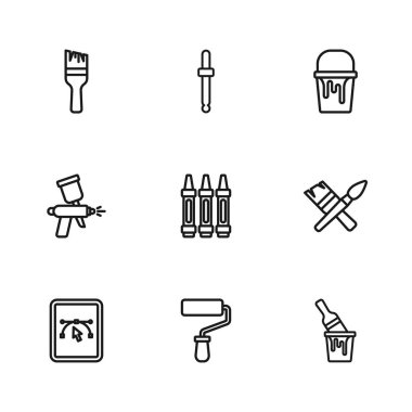 Çizgi boya fırçası, kovayla çizim için mum boya kalemi, göz damlası renk seçici palet ve sprey tabanca ikonu. Vektör