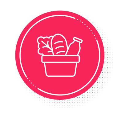 Beyaz çizgi kağıttan alışveriş torbası ve beyaz arka planda izole edilmiş yiyecek ikonu. Yiyecek dükkanı, süpermarket. Kırmızı daire düğmesi. Vektör