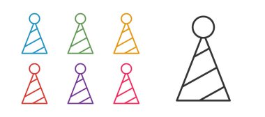 Beyaz arkaplanda parti şapkası simgesi belirle. Doğum günü şapkası. Simgeleri renklendirin. Vektör