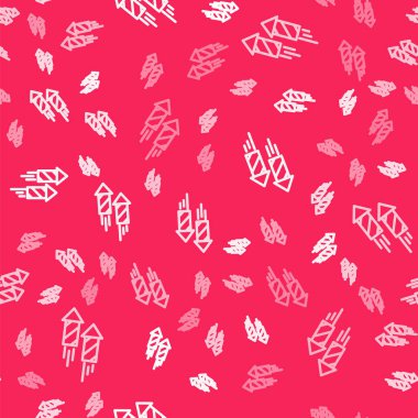 Beyaz çizgili Firework roket ikonu kırmızı arka planda izole edilmiş. Eğlence partisi anlayışı. Patlayıcı havai fişek sembolü. Vektör