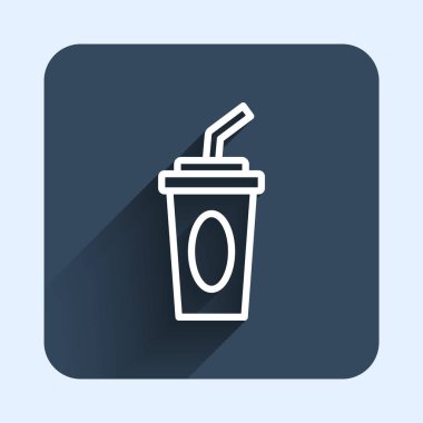 Pipet içen beyaz çizgi kağıt bardak ve uzun gölge arkaplan izole su ikonu. Soda bardağı. Taze soğuk içecek sembolü. Mavi kare düğme. Vektör