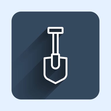 Beyaz çizgi kürek simgesi uzun gölge arkaplanı ile izole edildi. Bahçe aletleri. Bahçecilik, tarım, çiftçilik aleti. Mavi kare düğme. Vektör