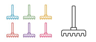 Çizgi çizgisi tırmık simgesi beyaz arkaplanda izole edildi. Bahçecilik, tarım, çiftçilik aleti. Toprak işçisi. Temizlik ekipmanları. Simgeleri renklendirin. Vektör