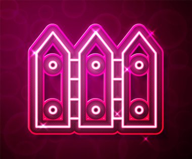 Parlayan neon çizgili bahçe çiti ahşap ikonu kırmızı arka planda izole edilmiş. Vektör