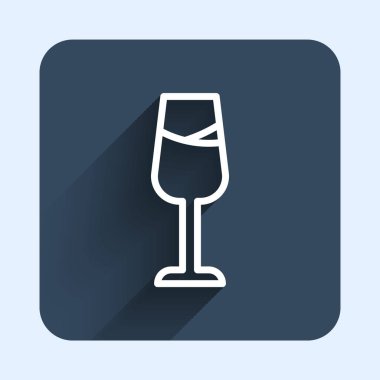 Beyaz çizgi şarap cam ikonu uzun gölge arkaplan izole. Şarap kadehi işareti. Mavi kare düğme. Vektör
