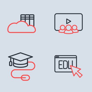 Çevrimiçi sınıf, fare, eğitim ve bulut ya da çevrimiçi kütüphane simgesi içeren mezuniyet başlığı ayarla. Vektör