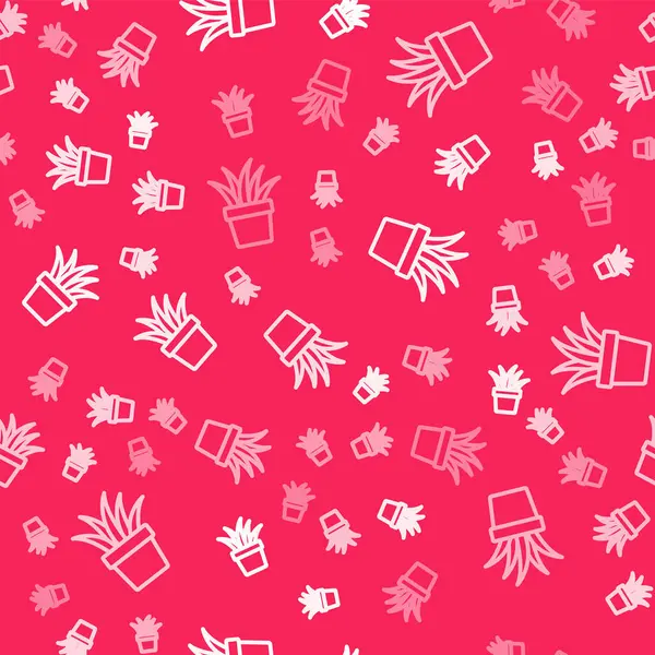 Çömlek simgesinde beyaz çizgi bitkisi kırmızı arka planda izole edilmiş kusursuz desen. Tencerede yetişen bir bitki. Saksı bitkisi işareti. Vektör