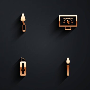 Palet bıçağını, dizayn programlı bilgisayarı, kırtasiyeyi ve uzun gölgeli boya fırçası simgesini ayarla. Vektör