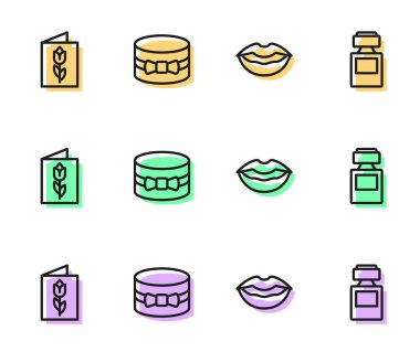 Gülümseyen dudaklar, 8 Mart 'lı tebrik kartı hediye kutusu, kalp ve parfüm ikonu. Vektör