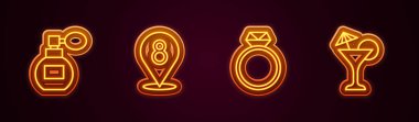 Parfüm, 8 Mart, elmas nişan yüzüğü ve martini bardağı. Parlayan neon ikonu. Vektör