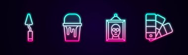 Palet bıçağı, boya kovası, resim ve renk paleti rehberi. Parlayan neon ikonu. Vektör