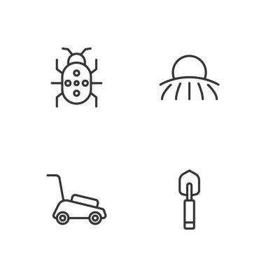 Bahçe küreği, çim biçme makinesi, Colorado böceği ve Gündoğumu ikonu. Vektör