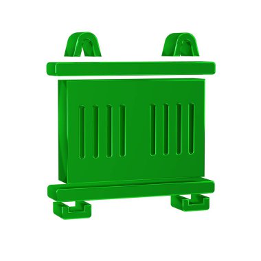 Şeffaf arkaplanda yeşil konteyner simgesi izole edildi. Turna içinde kargo olan bir konteynırı kaldırır.. .