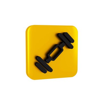 Siyah Dumbbell simgesi şeffaf arkaplanda izole edildi. Kas kaldırma, fitness halteri, spor malzemeleri. Sarı kare düğmesi..