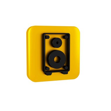 Siyah Stereo hoparlör simgesi şeffaf arkaplanda izole edildi. Ses sistemi hoparlörleri. Müzik ikonu. Müzikal sütun hoparlörü. Sarı kare düğmesi..