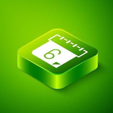 Isometric Takvim simgesi yeşil arkaplanda izole edildi. Olay hatırlatma sembolü. Yeşil kare düğmesi. Vektör