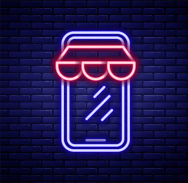 Parlayan neon hattı çevrimiçi, duvarda izole edilmiş cep telefonu ikonu alışverişi. İnternet dükkanı, mobil mağaza uygulaması ve faturalar. Renkli taslak konsepti. Vektör