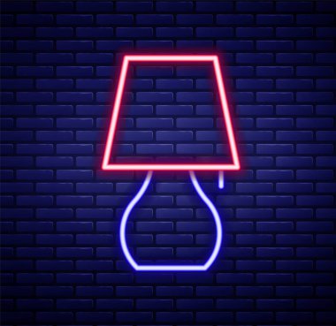 Parlak neon çizgili masa lambası ikonu tuğla duvar arka planında izole edildi. Gece lambası. Renkli taslak konsepti. Vektör