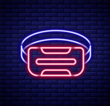 Parlayan neon hattı. Duvarın arkasında sanal gerçeklik gözlüğü simgesi izole edilmiş. Stereoskopik 3D VR maskesi. Optik baş monte edildi. Renkli taslak konsepti. Vektör