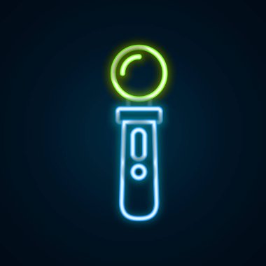 Parlayan neon hattı VR denetleyici oyun simgesi siyah arkaplanda izole edildi. Sanal gerçeklik deneyimi, mevcudiyet hissi, konum takip teknolojisi cihazı. Renkli taslak konsepti. Vektör