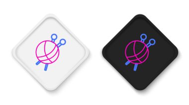 Beyaz arka planda izole edilmiş örgü iğneli çizgi iplik topu. El yapımı, örgü ya da terzi için etiket. Renkli taslak konsepti. Vektör