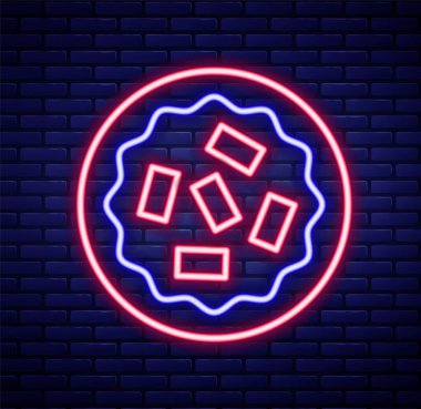 Parlayan neon hattı ev yapımı turta ikonu tuğla duvar arka planında izole edilmiş. Renkli taslak konsepti. Vektör