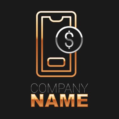 Dolar sembollü çizgi akıllı telefonu siyah arkaplanda izole edilmiş. İnternetten alışveriş konsepti. Finansal cep telefonu simgesi. Çevrimiçi ödeme. Renkli taslak konsepti. Vektör