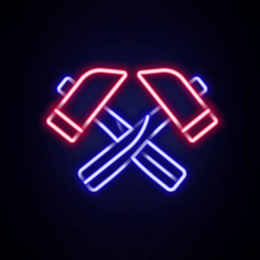 Parlayan neon hattı tuğla duvarda izole edilmiş çekiç simgesi. Tamir için bir araç. Renkli taslak konsepti. Vektör