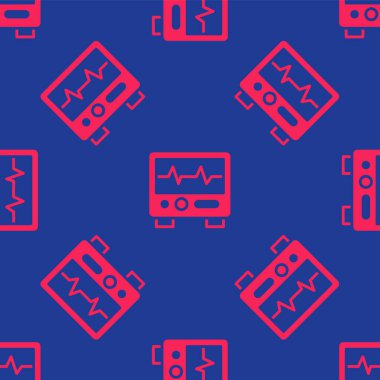 Kırmızı bilgisayar monitörü, mavi arkaplanda kardiyogram simgesi izole edilmiş. Simge denetleniyor. Kalp atışı elle çizilmiş EKG monitörü. Vektör